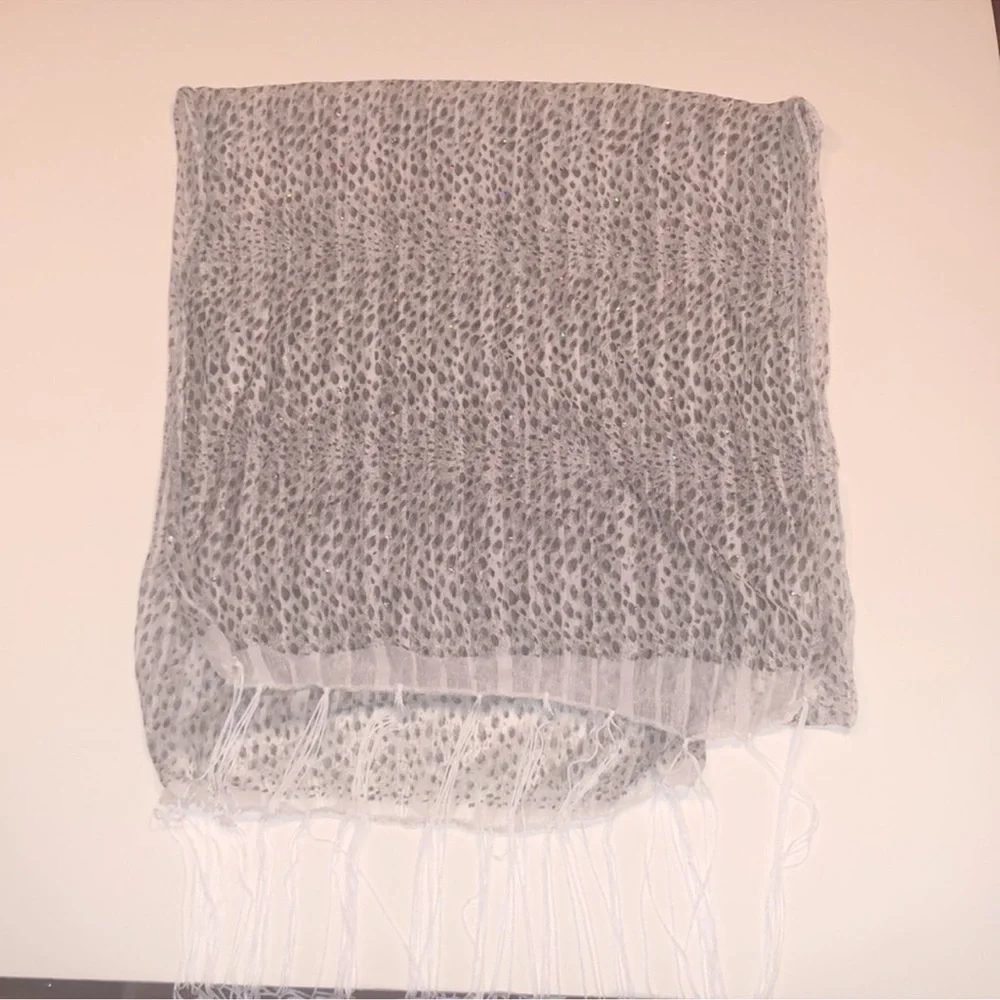 Scarf Grey/White Sheer Print with Sparkle Bling & Tassels